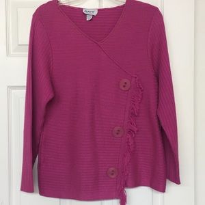 Wrap Look Ribbed Fringed Trim Sweater Large Buttons Dark Pink Soft Sz M